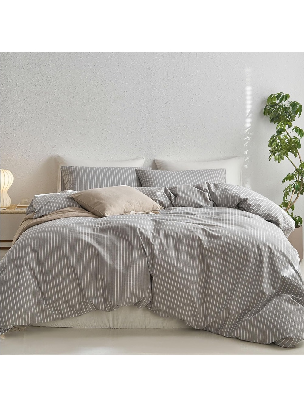 NEW MooMee Striped Duvet Cover Set 100% Washed Cotton Linen Like Texture, Twin